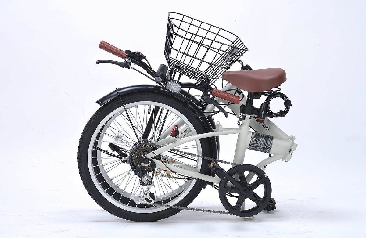 送料無料 折り畳み自転車 20インチ シマノ製6段変速ギア バスケット LEDライト ホルダ付ワイヤーロック PL保険加入済 グリーンフォレ 新品_画像2