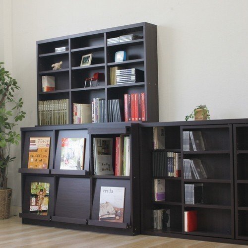 送料無料/ディスプレイラック 収納棚 フラップ扉 6枚 キャビネット 飾り棚 本棚 おしゃれインテリア 幅119cm 高さ90cm ダークブラウン/新品_画像7