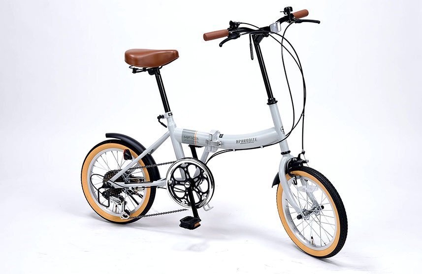 送料無料 折り畳み自転車 16インチ シマノ製サムシフト サイクリング コンパクト自転車 PL保険加入済み 適応身長135cm以上 グレージュ 新品_画像2