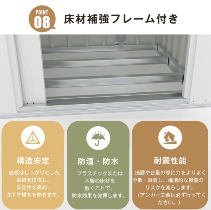【 棚なし】ホワイト物置 屋外 戸外収納庫 防水/耐侯 収納可能 ガーデン/庭/農場 大容量 スチール　引き戸　窓付き 補強フレーム付き_画像9