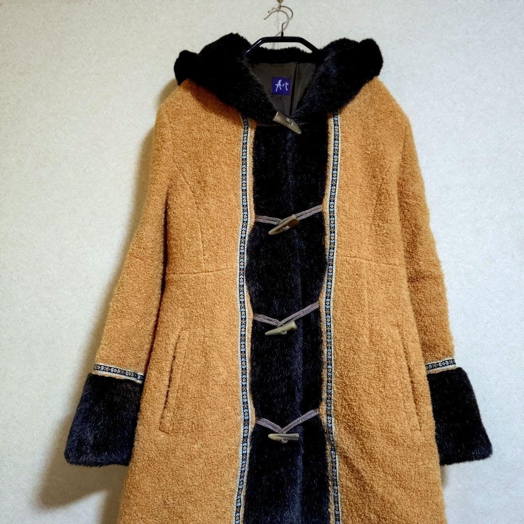 レディース フェイクファーフードボヘミアンウールロングダッフルコート ヴィンテージ_画像2