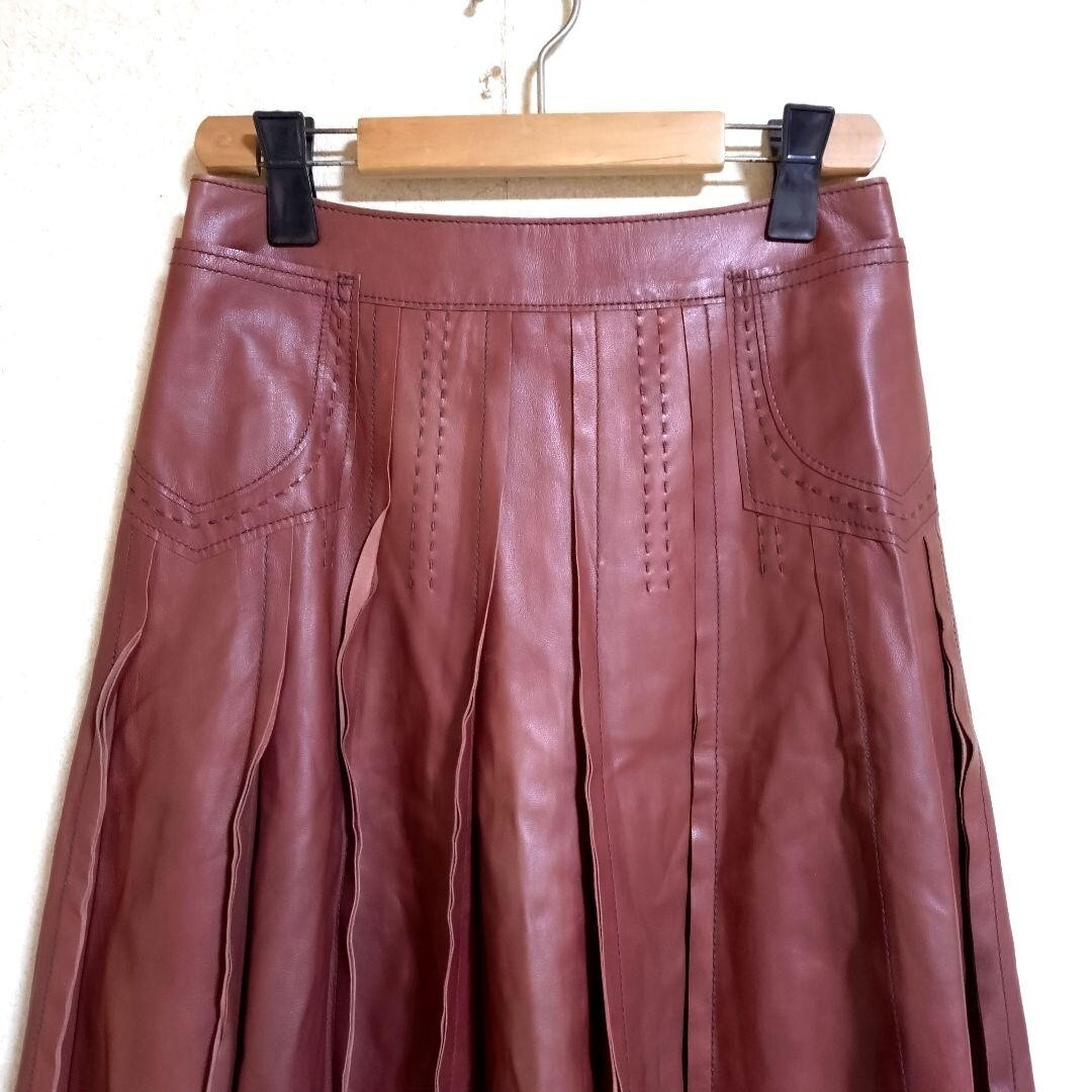 MOGA モガ 本革羊革シープレザー膝丈フレアスカート 茶ブラウン レディース_画像2