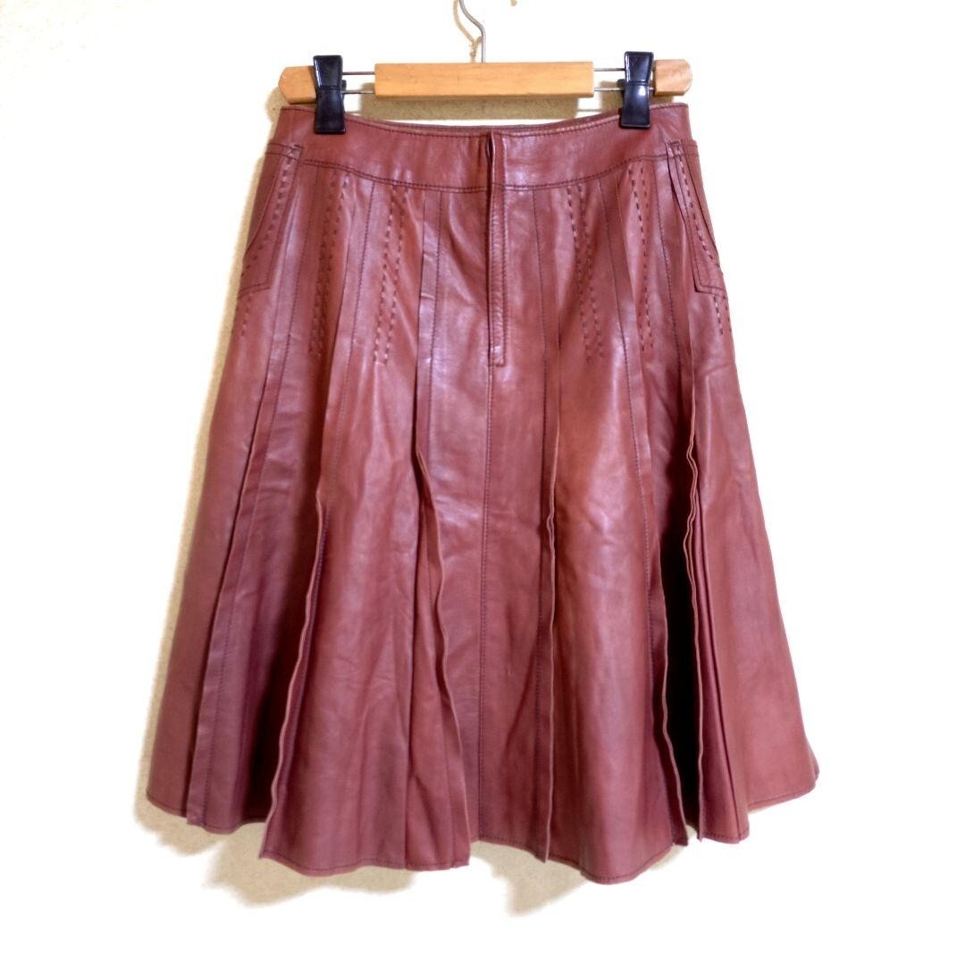 MOGA モガ 本革羊革シープレザー膝丈フレアスカート 茶ブラウン レディース_画像4