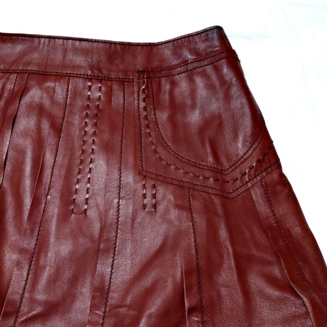 MOGA モガ 本革羊革シープレザー膝丈フレアスカート 茶ブラウン レディース_画像6