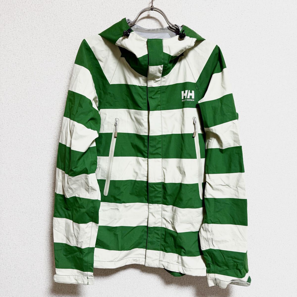 HELLY HANSEN ヘリーハンセン マウンテンパーカー ナイロンパーカー ジャケット ボーダー グリーン系 メンズ サイズ M相当 ＊DF_画像1