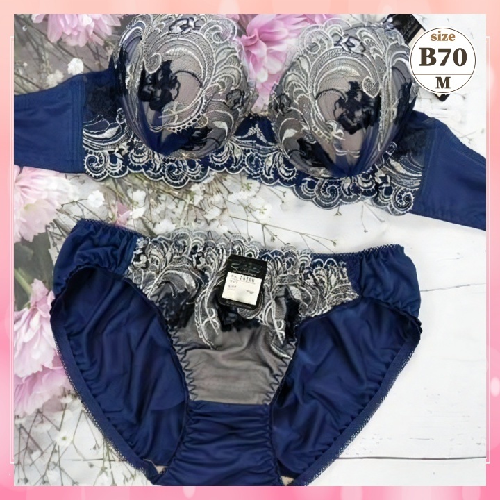 Zb7024◆値下げ☆新品 ブラショーツセット【B70/M】下着 ランジェリー 丸胸 ナチュラルバスト ゴージャス ボタニカル刺繍 紺_画像1