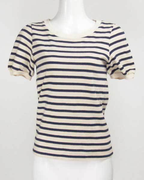 ka on Kaon бежевый темно-синий окантовка короткий рукав лента tops cut and sewn S