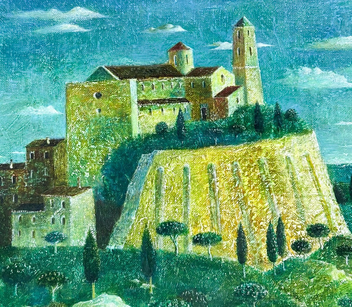 1円～真作 泉地靖雄 油彩6号「中世の館」1981年 額装 照明シール付き_画像3