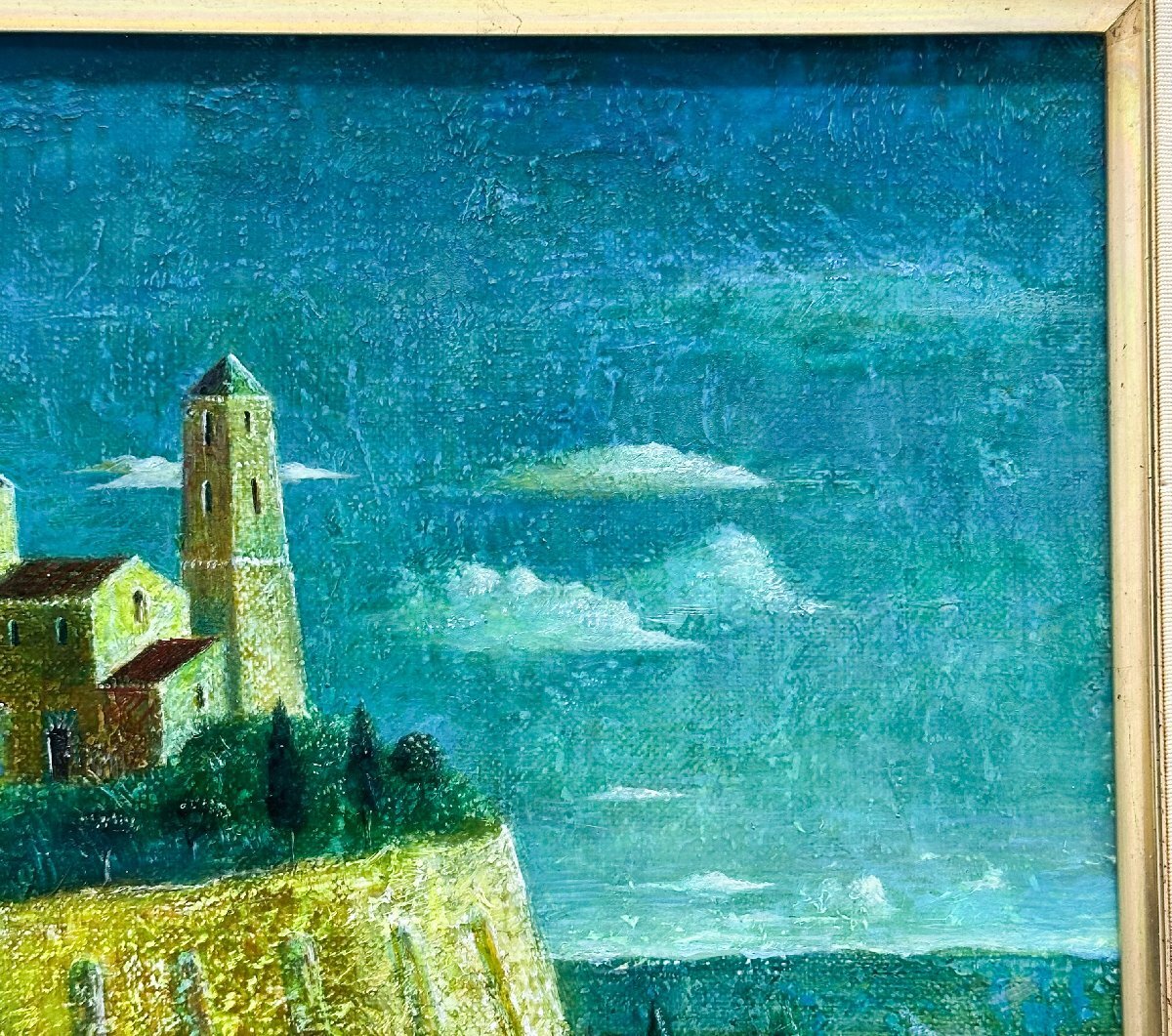 1円～真作 泉地靖雄 油彩6号「中世の館」1981年 額装 照明シール付き_画像7