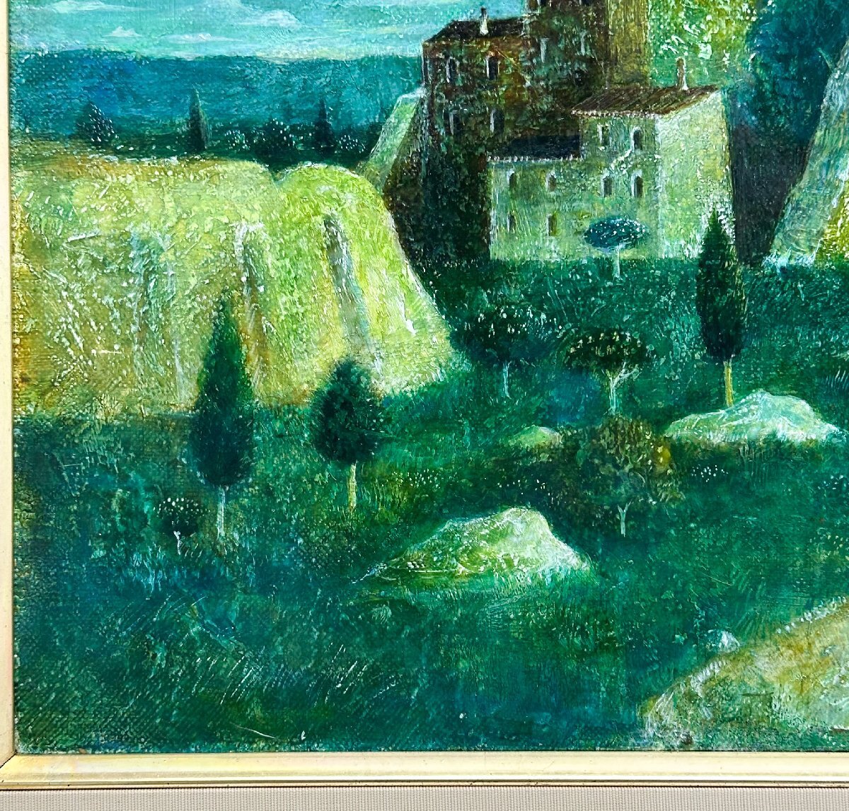 1円～真作 泉地靖雄 油彩6号「中世の館」1981年 額装 照明シール付き_画像5