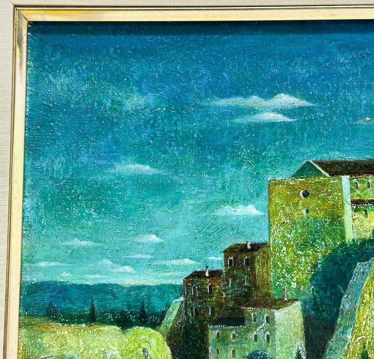 1円～真作 泉地靖雄 油彩6号「中世の館」1981年 額装 照明シール付き_画像6