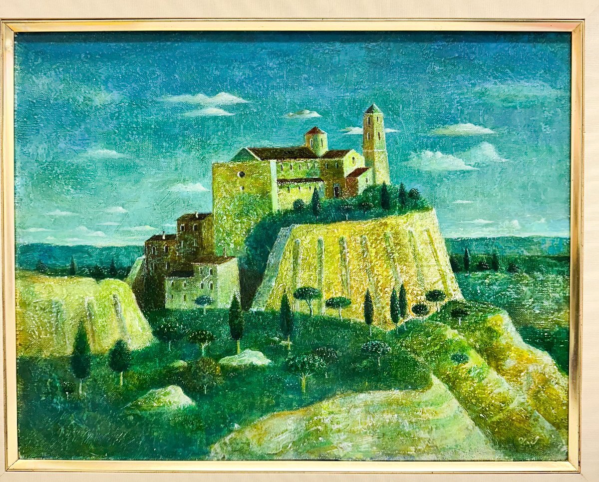 1円～真作 泉地靖雄 油彩6号「中世の館」1981年 額装 照明シール付き_画像2