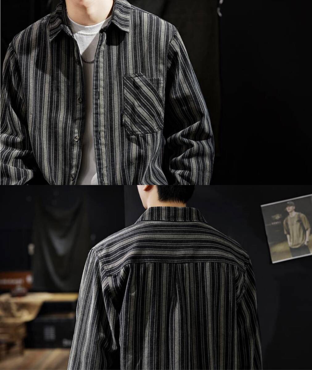 シャツジャケット　長袖シャツ　ストライプ　メンズ・新品 ワークシャツ ヴィンテージ 春秋 トップス【20240628CY6005】黒＋灰　4XL_画像2