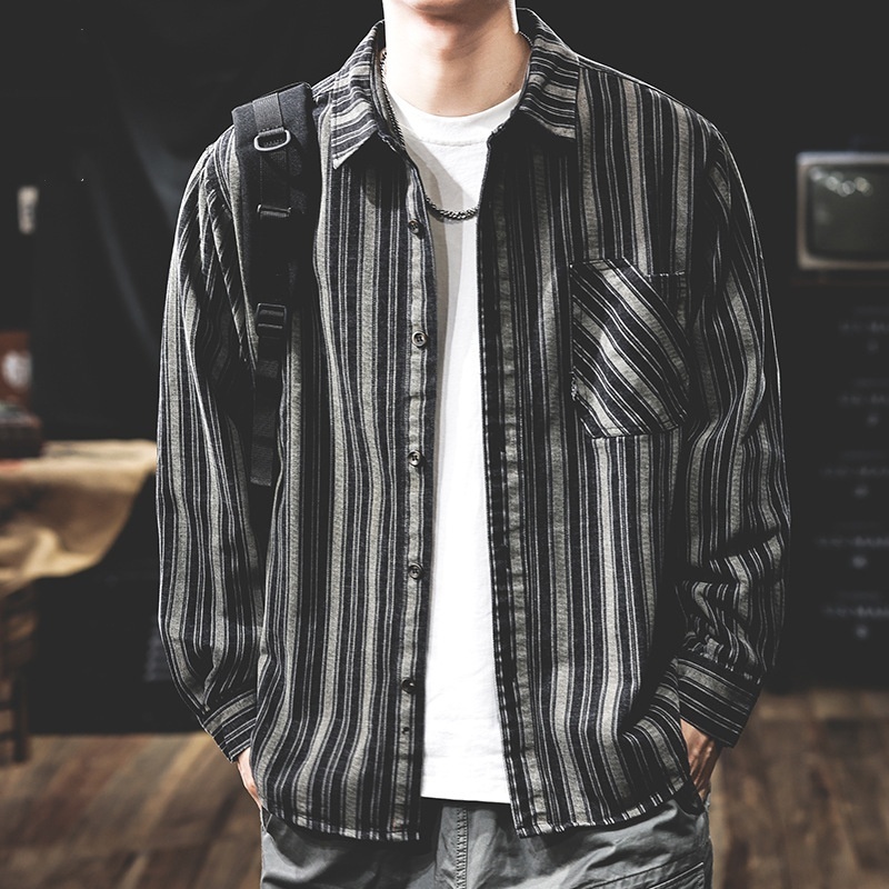 シャツジャケット　長袖シャツ　ストライプ　メンズ・新品 ワークシャツ ヴィンテージ 春秋 トップス【20240628CY6005】黒＋灰　4XL_画像1