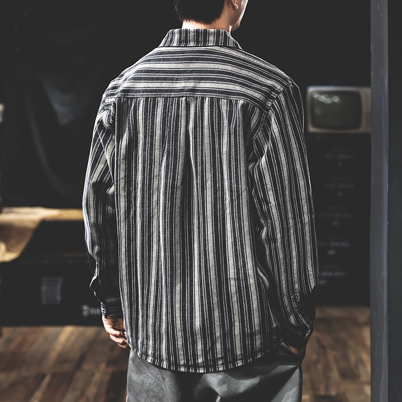 シャツジャケット　長袖シャツ　ストライプ　メンズ・新品 ワークシャツ ヴィンテージ 春秋 トップス【20240628CY6005】黒＋灰　4XL_画像8