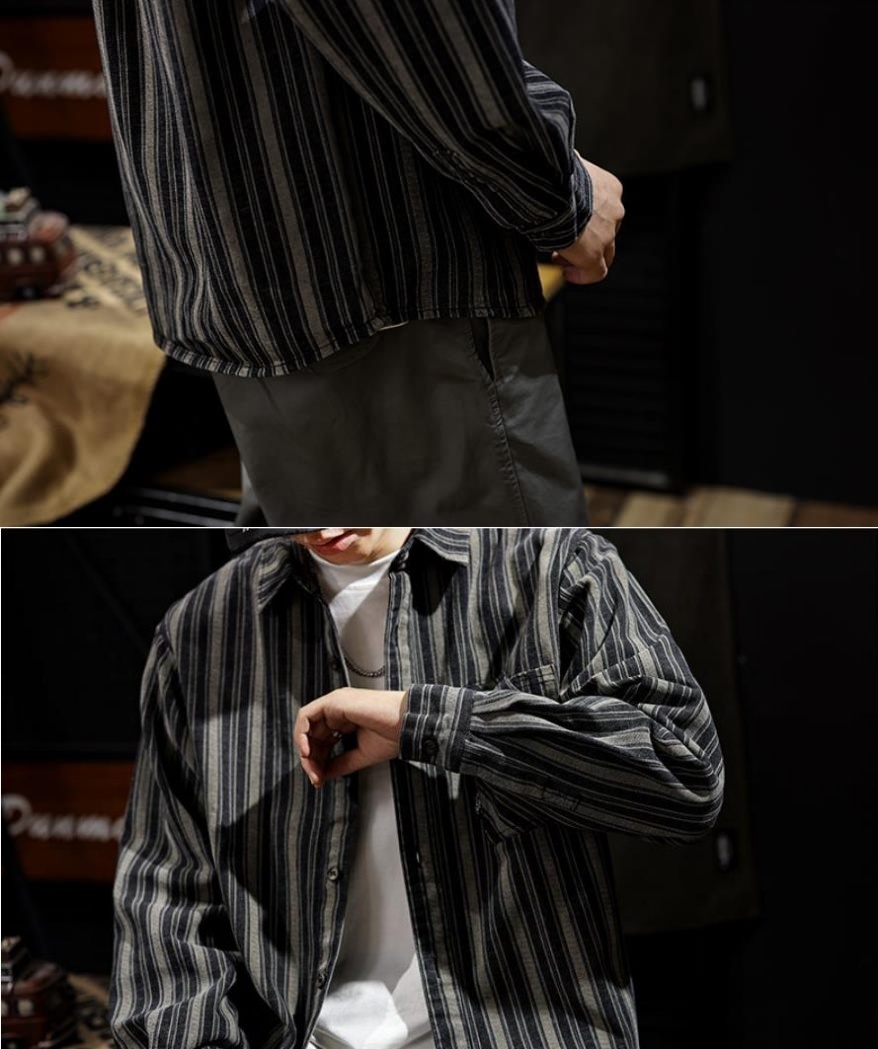 シャツジャケット　長袖シャツ　ストライプ　メンズ・新品 ワークシャツ ヴィンテージ 春秋 トップス【20240628CY6005】黒＋灰　4XL_画像3