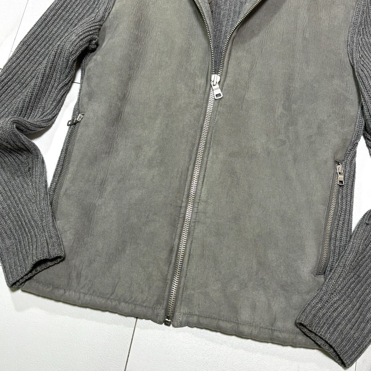 極美品● ARMANI EXCHANGE アルマーニエクスチェンジ ドライバーズニット フェイク ムートン ジャケット ブランドロゴ グレー Mサイズ相当_画像3