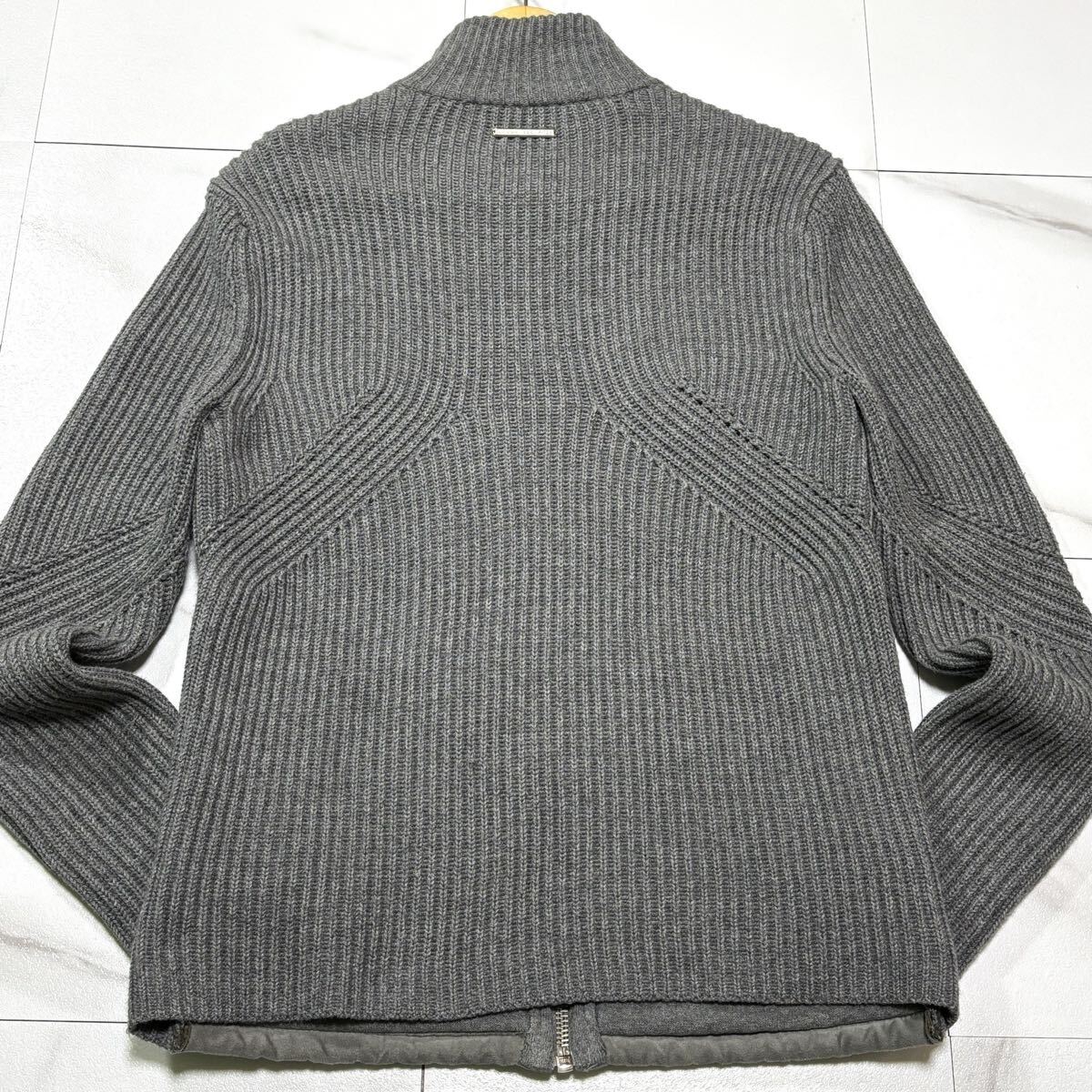 極美品● ARMANI EXCHANGE アルマーニエクスチェンジ ドライバーズニット フェイク ムートン ジャケット ブランドロゴ グレー Mサイズ相当_画像6