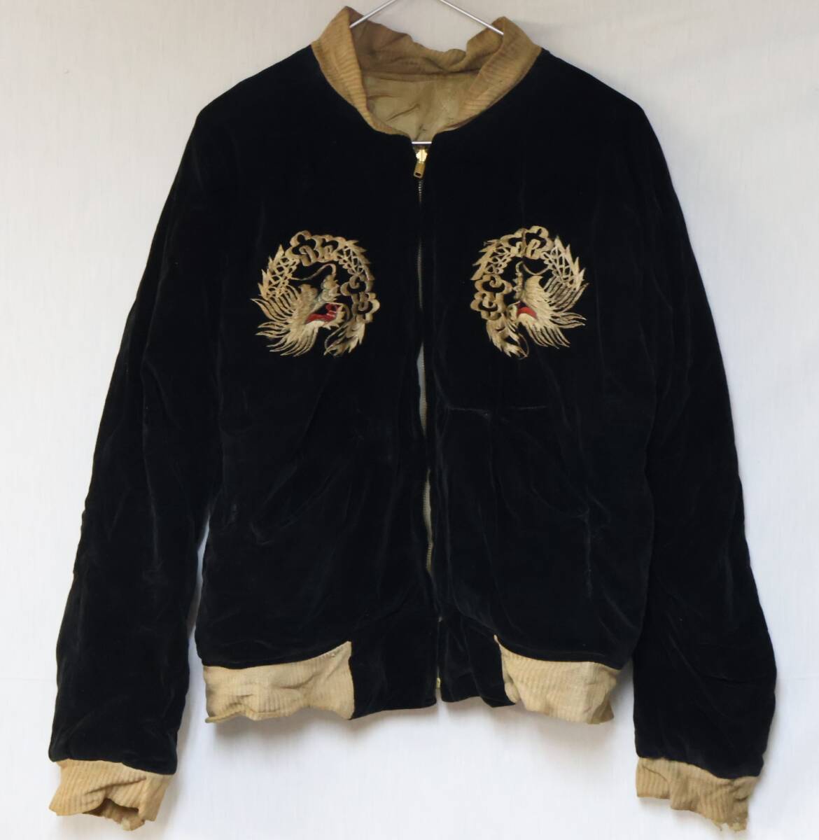 22希少レア50‘s～60‘s？ビンテージ◆スカジャン◆リバーシブル◆YKK初期文字 真鍮 回転式ZIP◆白 鷹/白 龍/虎 柄◆別珍レーヨンsize約M_画像1