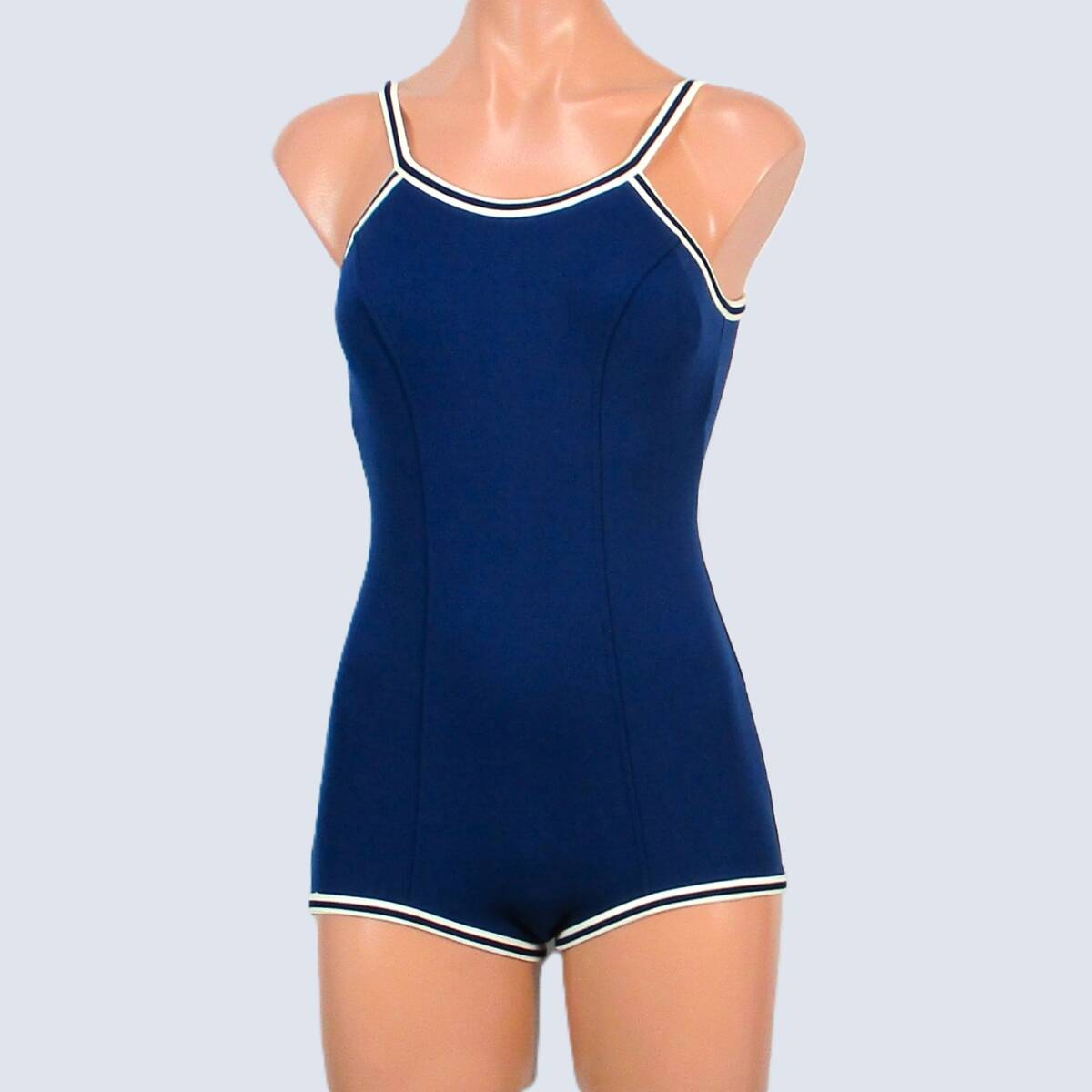 c5888★レア 希少 ナイロン100% レトロ 厚手 ダブルパイピング 紺 ネイビー 白 大きいサイズ レディースL ワンピース水着 プール リゾート_画像2