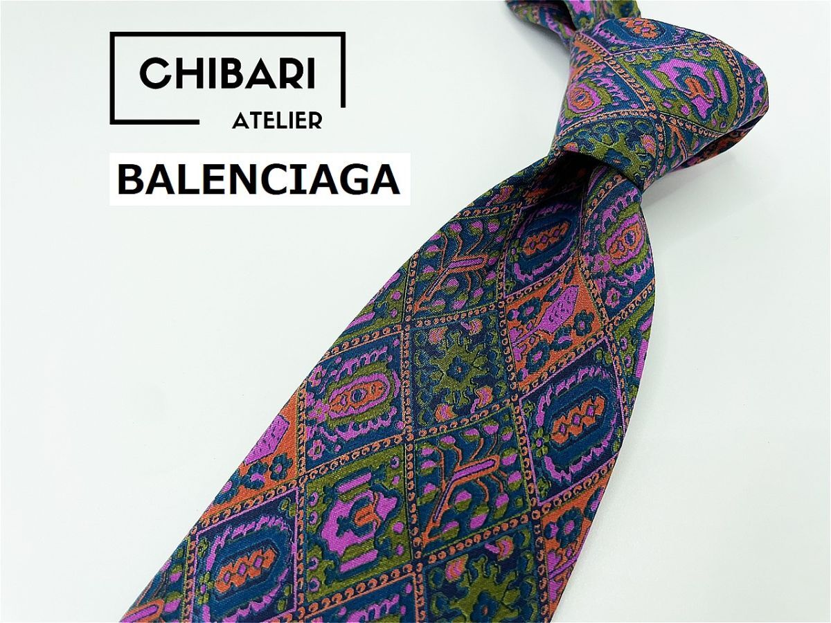 【超美品】BALENCIAGA　バレンシアガ　花柄 ネクタイ 3本以上 送料無料 メンズ グリーンパープル　1001252_画像1