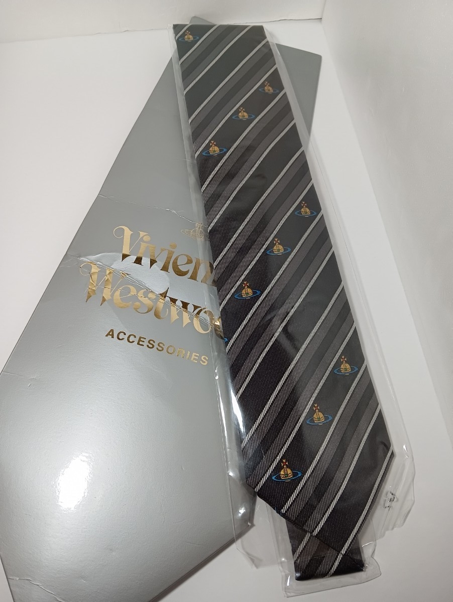 1円【未使用/ケース付】Vivienne Westwood ヴィヴィアンウエストウッド ネクタイ シルク100 刺繍 ストライプ柄　タグあり　メンズ_画像1
