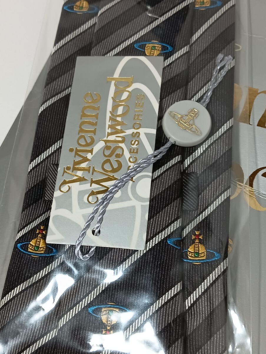 1円【未使用/ケース付】Vivienne Westwood ヴィヴィアンウエストウッド ネクタイ シルク100 刺繍 ストライプ柄　タグあり　メンズ_画像4