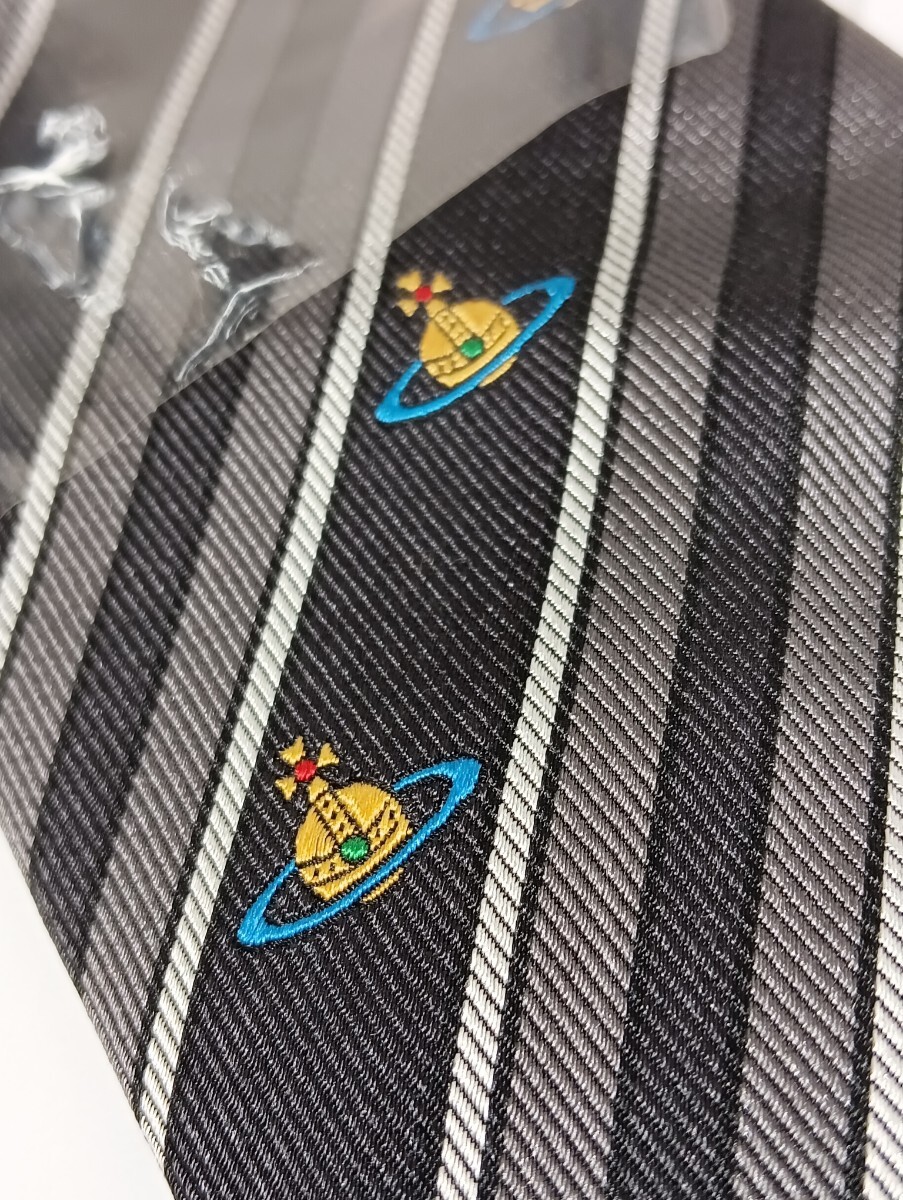 1円【未使用/ケース付】Vivienne Westwood ヴィヴィアンウエストウッド ネクタイ シルク100 刺繍 ストライプ柄　タグあり　メンズ_画像8