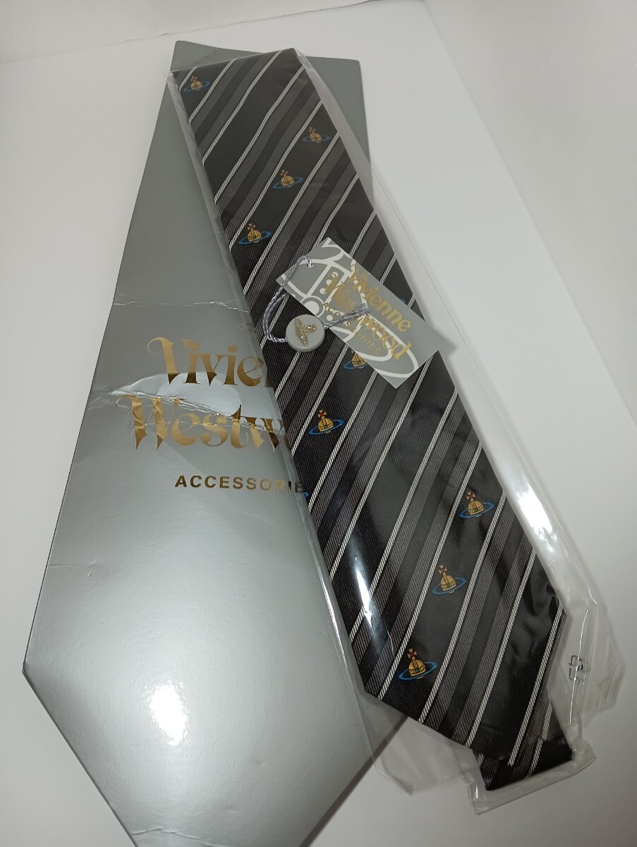 1円【未使用/ケース付】Vivienne Westwood ヴィヴィアンウエストウッド ネクタイ シルク100 刺繍 ストライプ柄　タグあり　メンズ_画像10