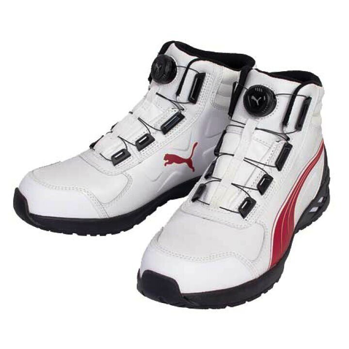 1.6万 良品 24年製 プーマ PUMA RIDER 2.0 ホワイト×レッド DISK MID ファイバー先芯 ダイヤル安全スニーカー 耐熱底 衝撃吸収 安全靴 25_画像1