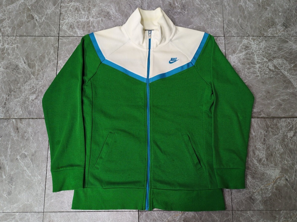 8．NIKE ロゴ刺繍 スウォッシュ ハイネック ポリコットン トラック ジャケット ジャージ ブルゾン ナイキ レディースL 白緑水色x802_画像1