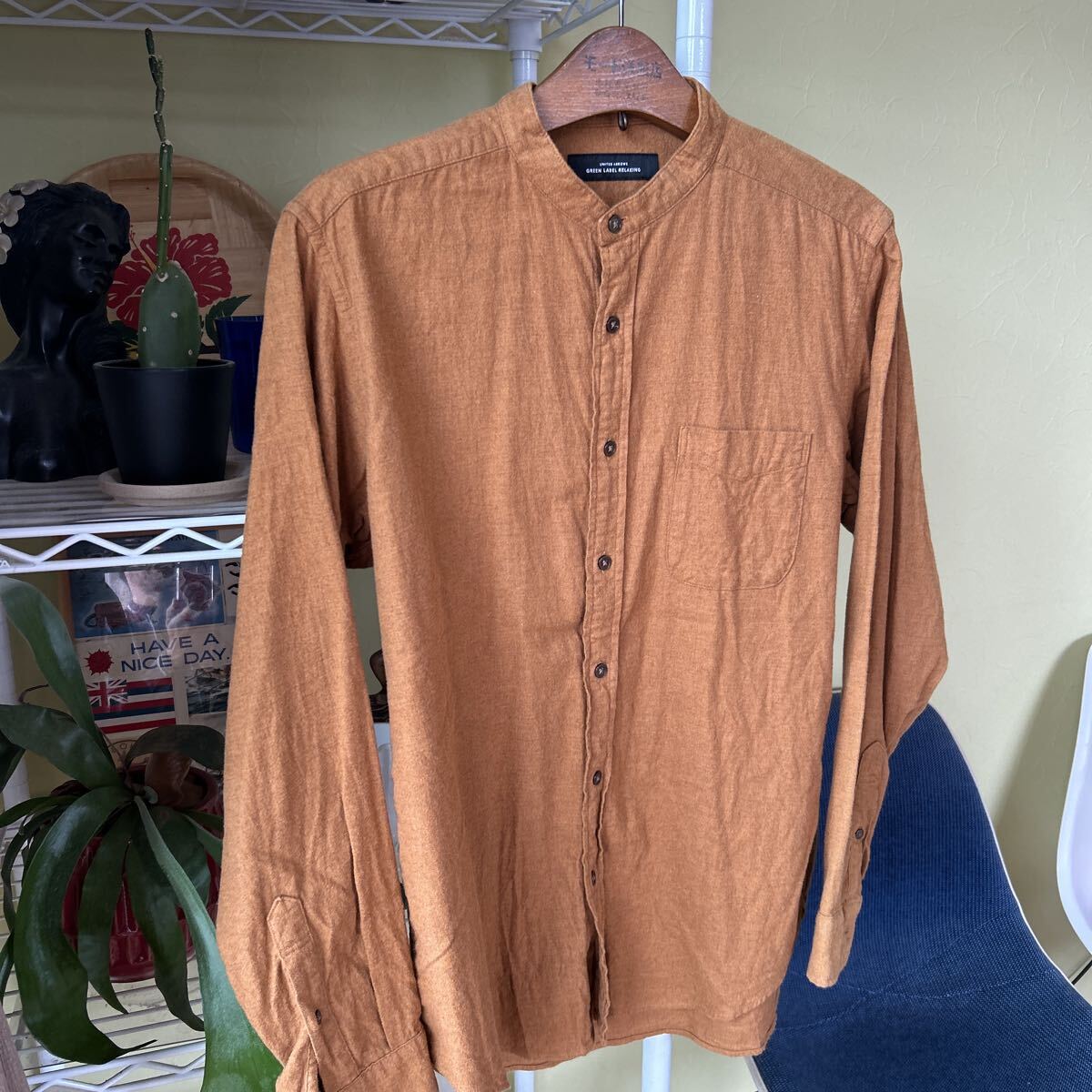 ユナイテッドアローズ　襟無　ネルシャツ　茶　L 綿100_画像1