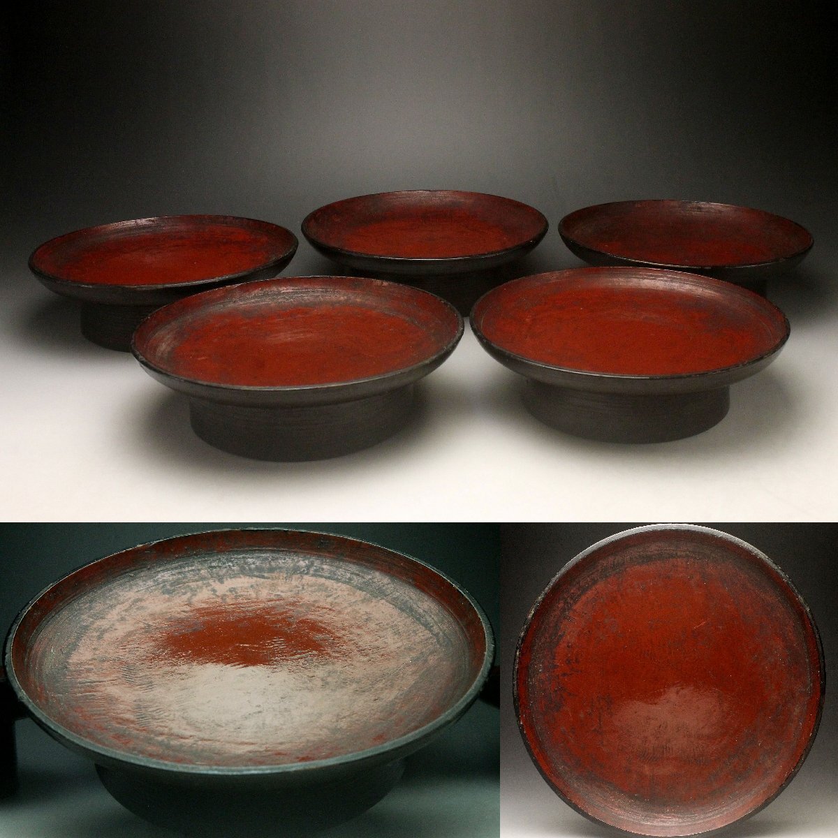 【余韻】 根来塗 朱塗 高台皿(5客)★江戸期 骨董品<同梱可>_画像1