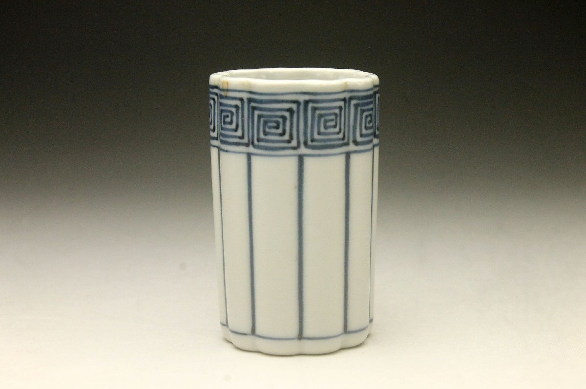 【余韻】 時代 清水焼 平安 春峰造 染付桶形文 茶巾入 茶巾筒★古美術品(茶道具煎茶器)＜同梱可＞_画像2