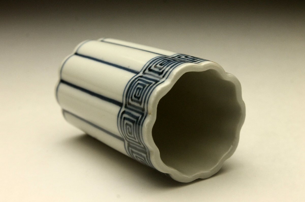 【余韻】 時代 清水焼 平安 春峰造 染付桶形文 茶巾入 茶巾筒★古美術品(茶道具煎茶器)＜同梱可＞_画像4