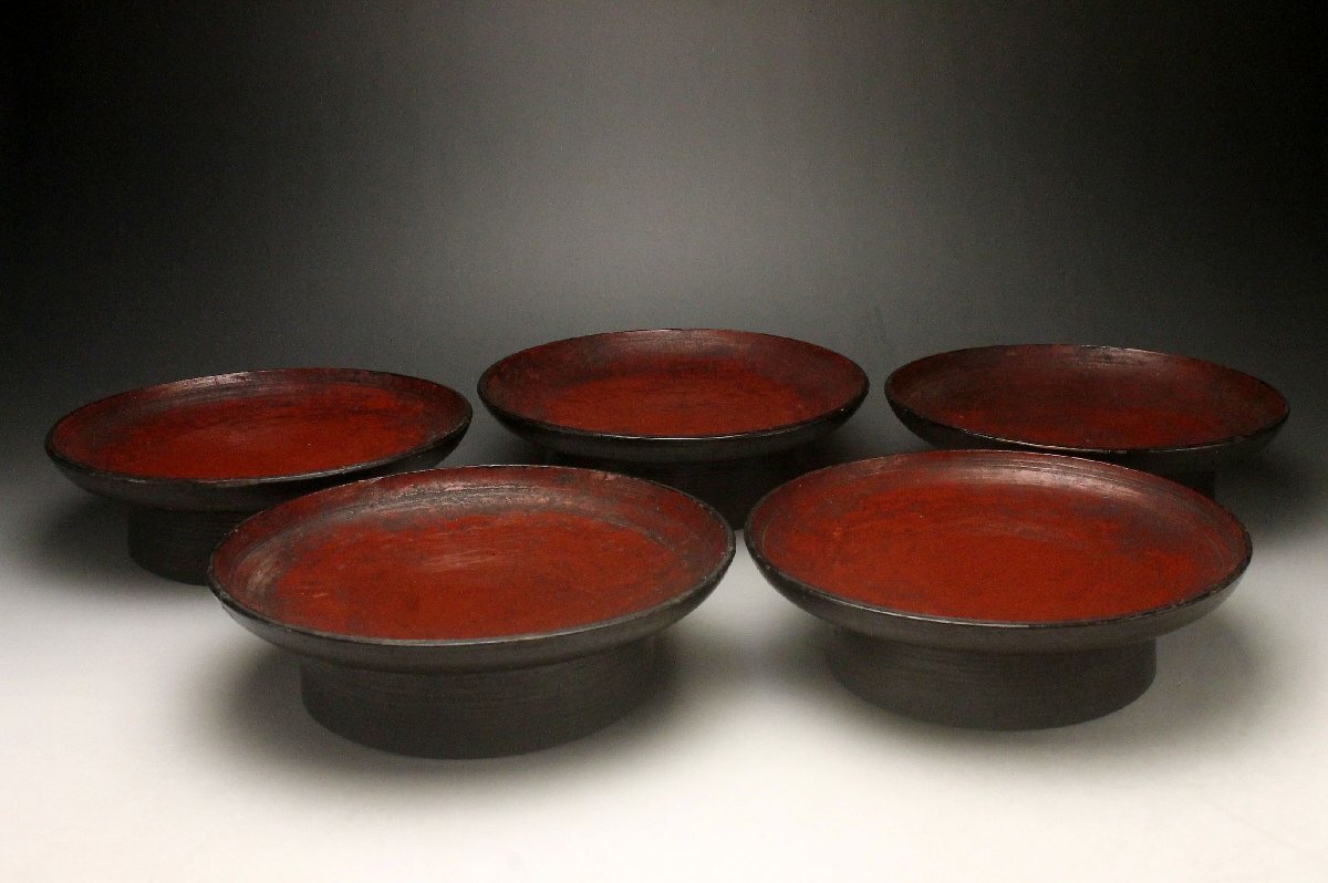 【余韻】 根来塗 朱塗 高台皿(5客)★江戸期 骨董品<同梱可>_画像2