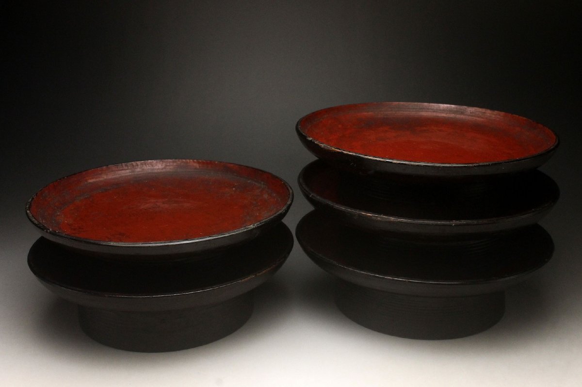 【余韻】 根来塗 朱塗 高台皿(5客)★江戸期 骨董品<同梱可>_画像5