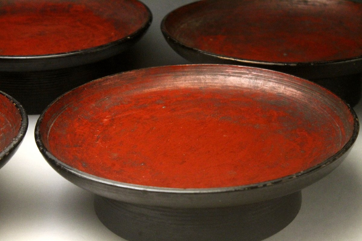 【余韻】 根来塗 朱塗 高台皿(5客)★江戸期 骨董品<同梱可>_画像3