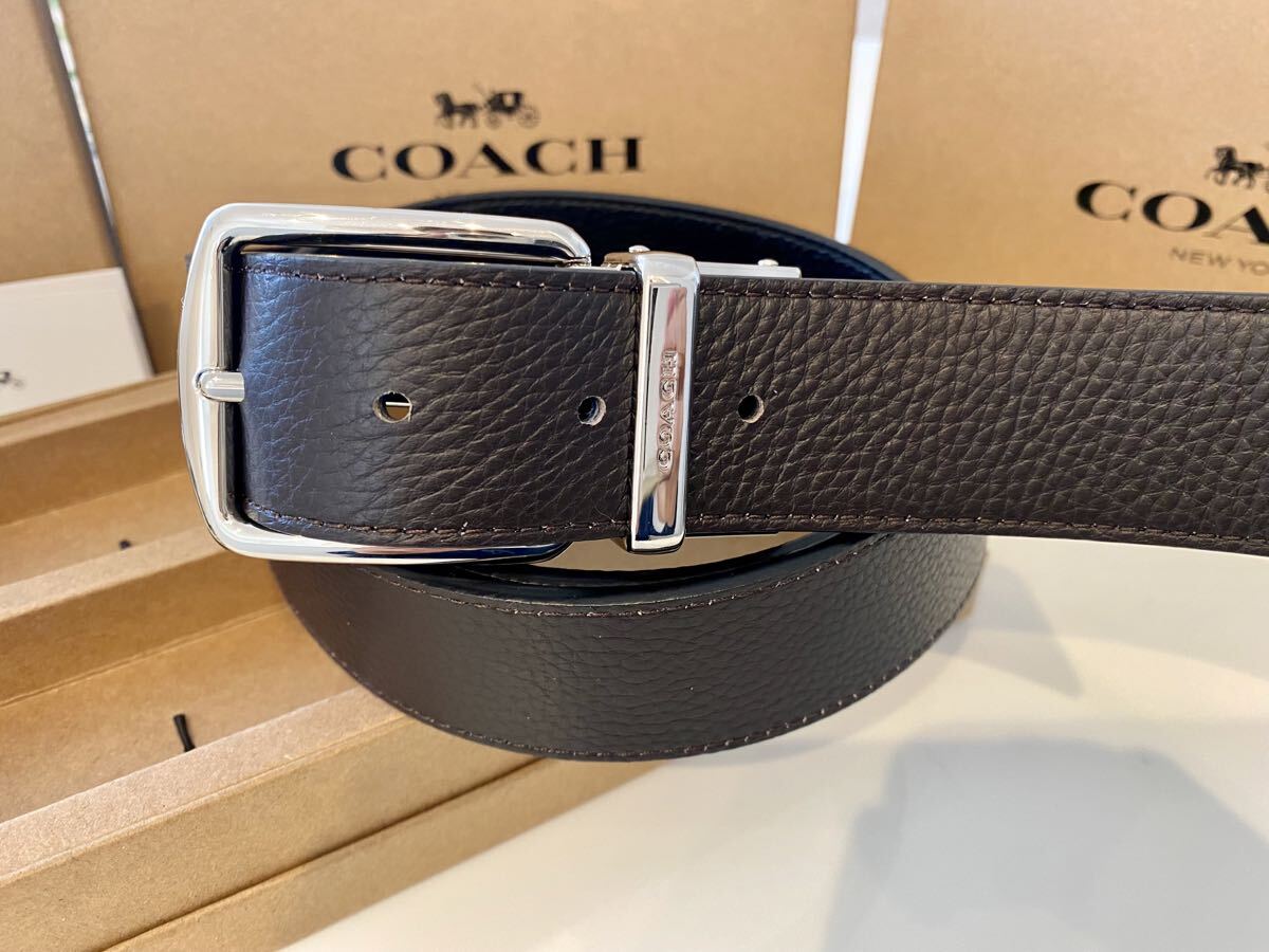 コーチ リバーシブル シンプル ブラックxブラウン シルバーバックル ビジネスベルト 紳士 バックル回転　ベルト_画像6
