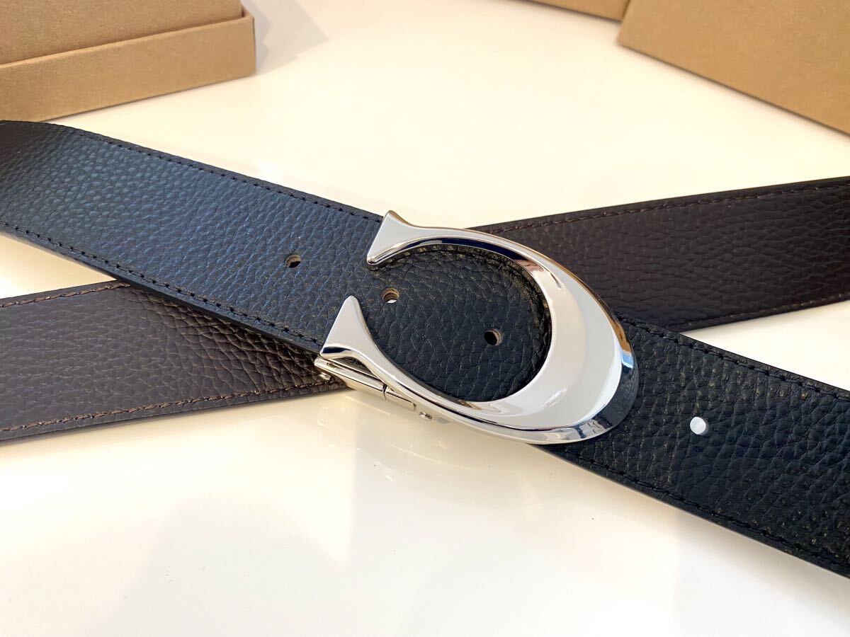 コーチ リバーシブル シンプル ブラックxブラウン シルバーバックル ビジネスベルト 紳士 バックル回転　ベルト_画像7
