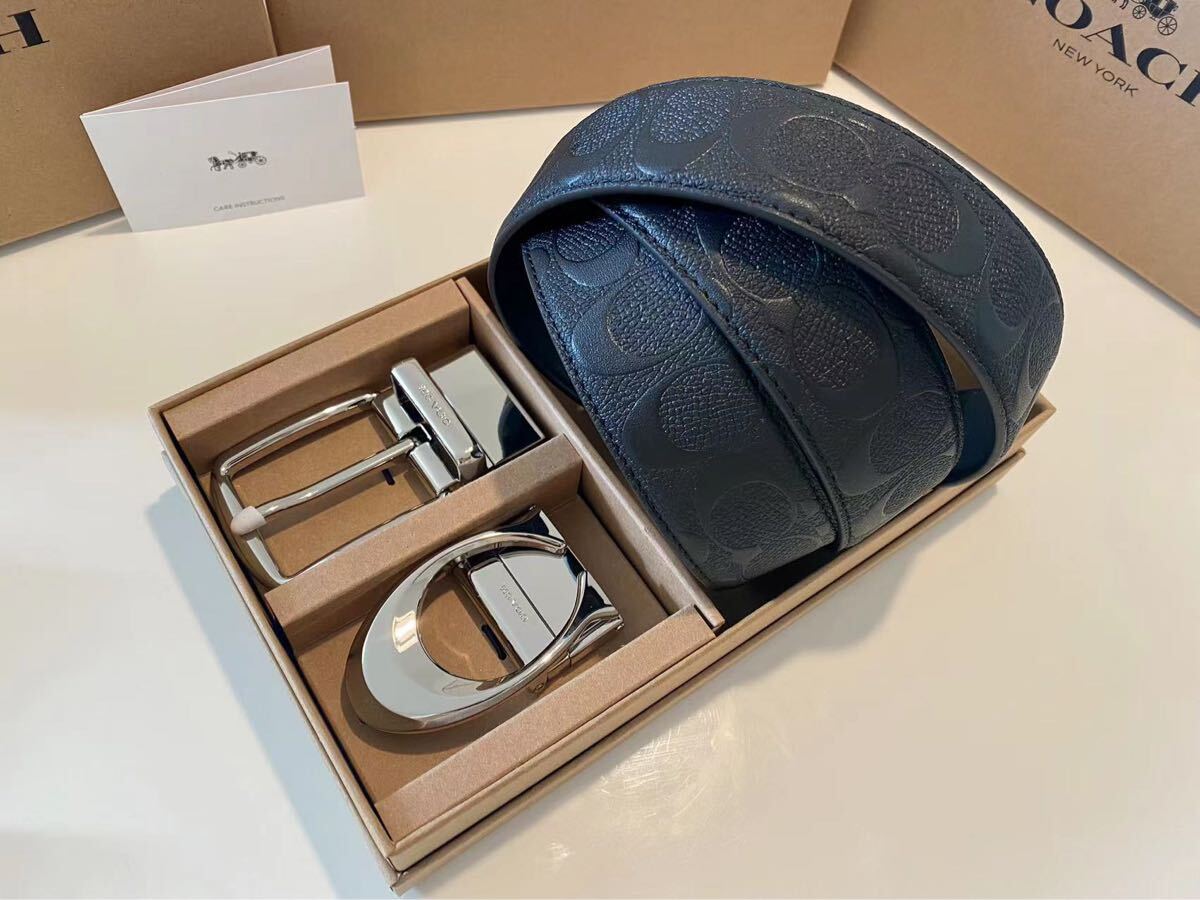 コーチ COACH リバーシブル ブラック シグネチャー 通勤通学 シグネチャーベルト シルバーバックル 紳士ベルト_画像1