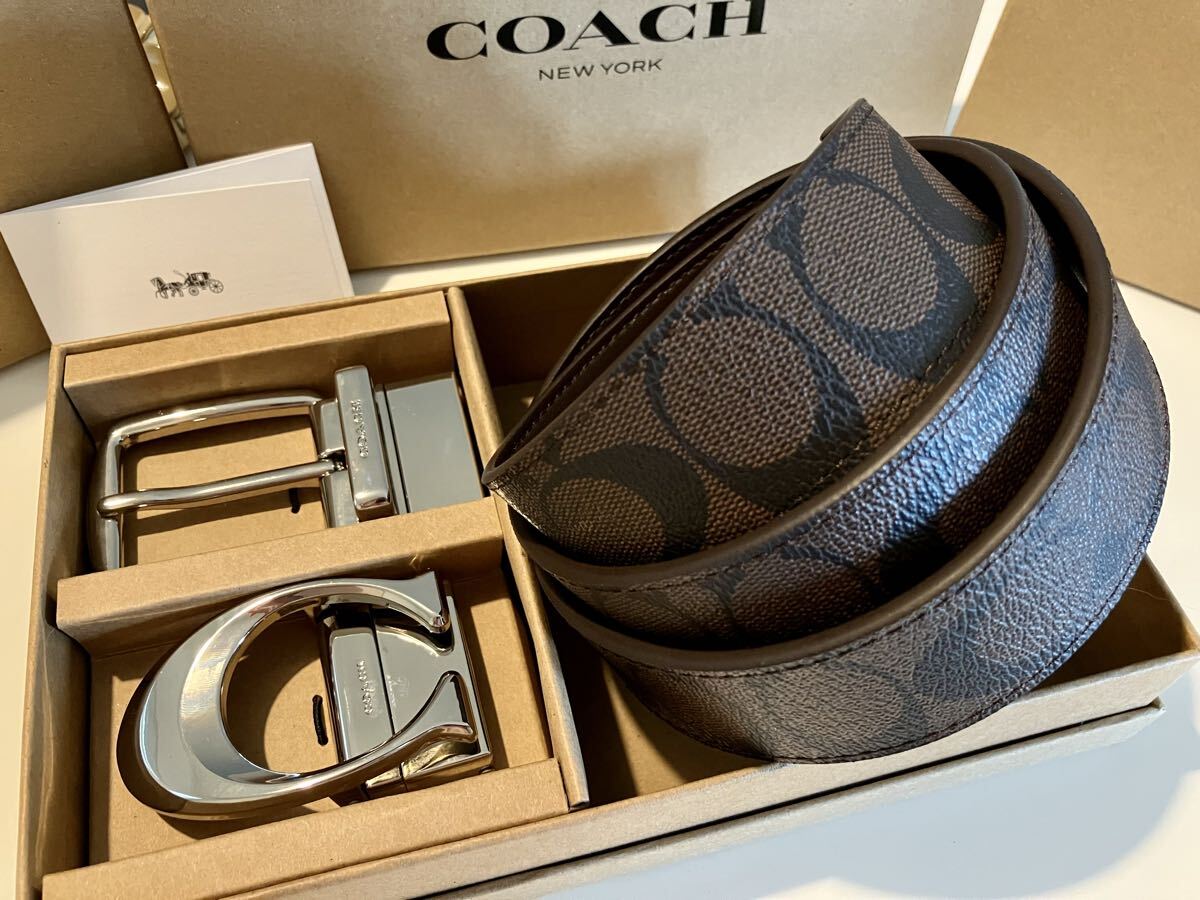 COACH コーチ リバーシブル ビジネス ブラウンシグネチャー ベルト シルバーバックル 紳士 社会人 ビジネス ベルトセット_画像1