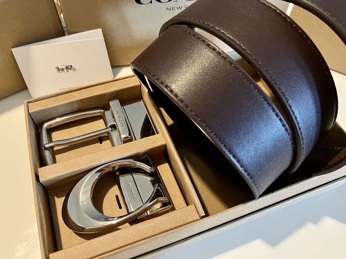 COACH コーチ リバーシブル ビジネス ブラウンシグネチャー ベルト シルバーバックル 紳士 社会人 ビジネス ベルトセット_画像2