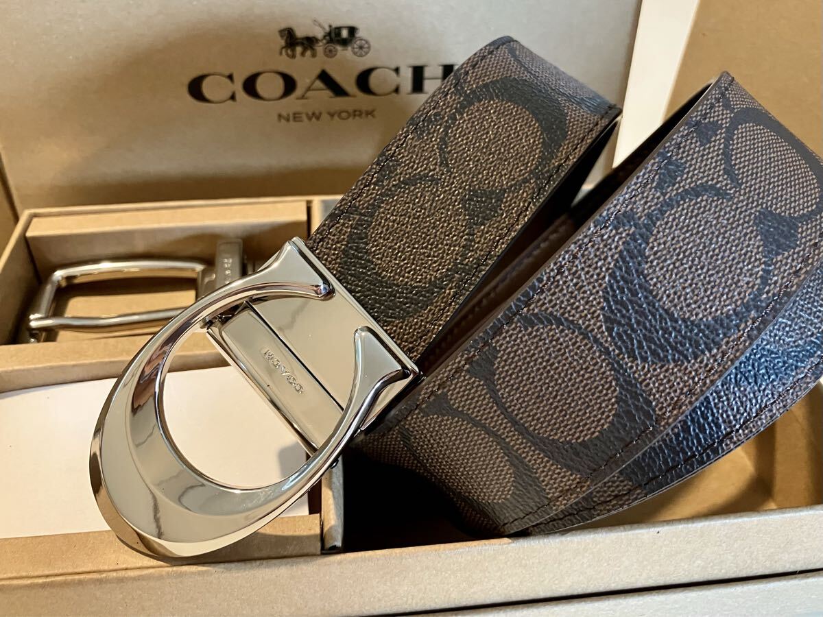COACH コーチ リバーシブル ビジネス ブラウンシグネチャー ベルト シルバーバックル 紳士 社会人 ビジネス ベルトセット_画像3