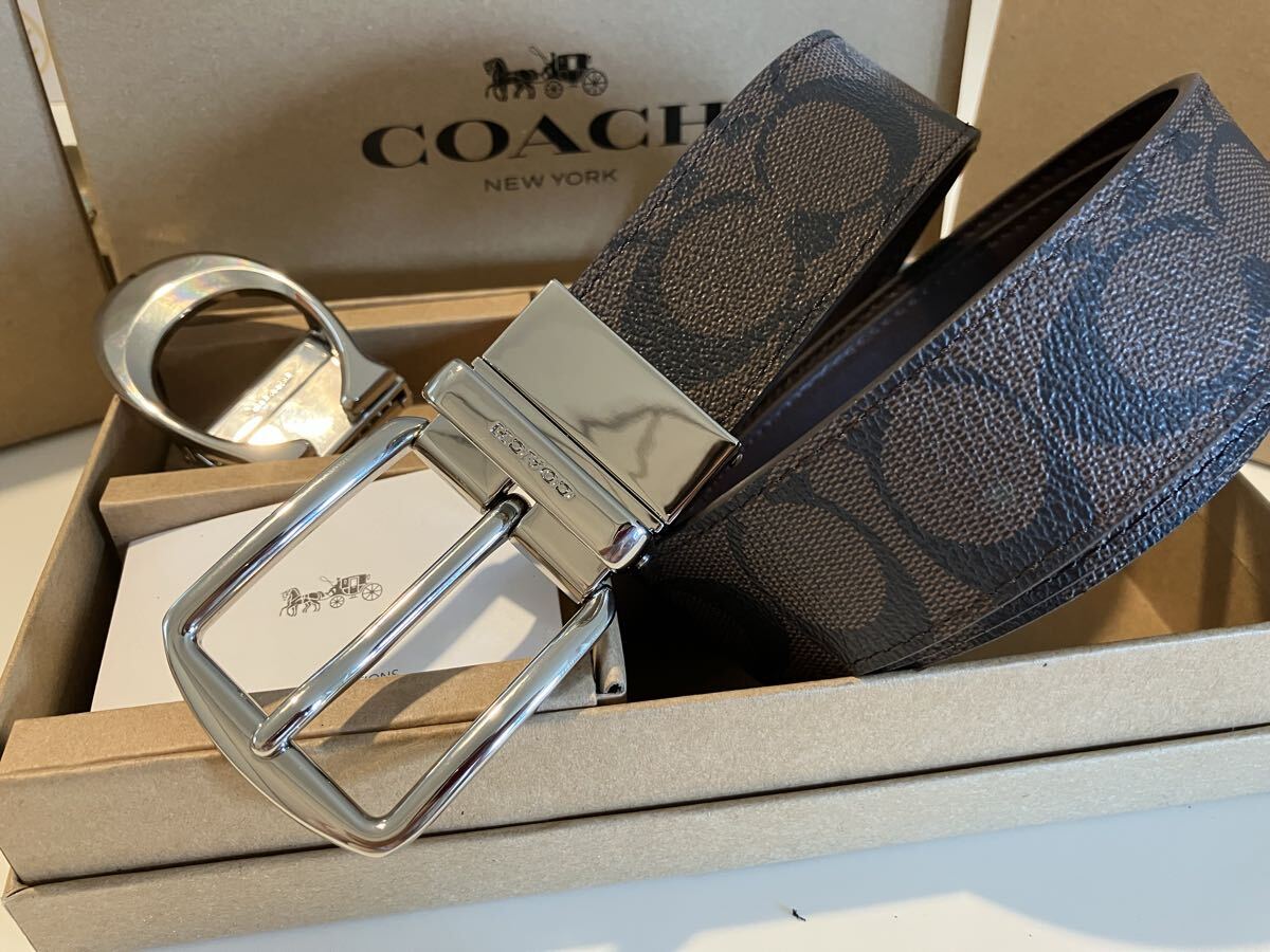 COACH コーチ リバーシブル ビジネス ブラウンシグネチャー ベルト シルバーバックル 紳士 社会人 ビジネス ベルトセット_画像4