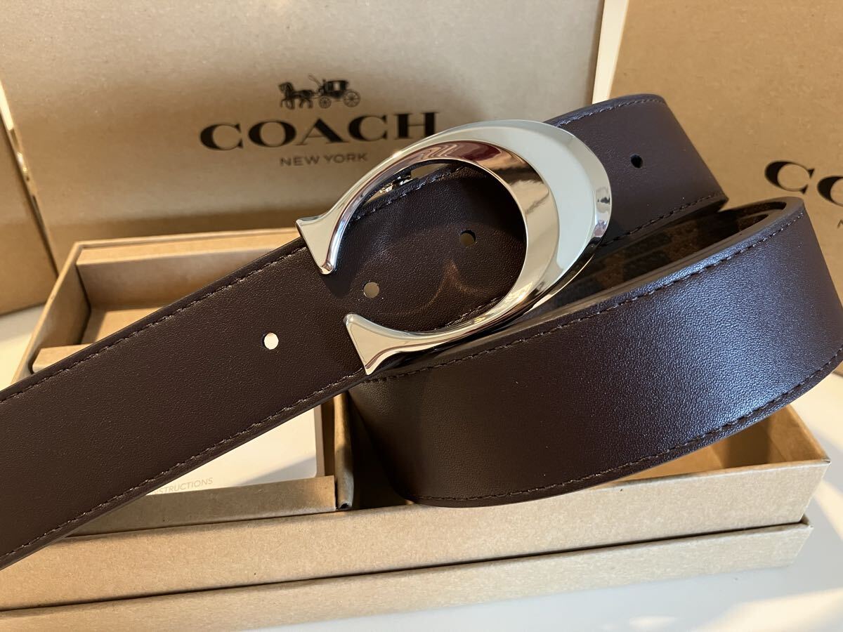 COACH コーチ リバーシブル ビジネス ブラウンシグネチャー ベルト シルバーバックル 紳士 社会人 ビジネス ベルトセット_画像5