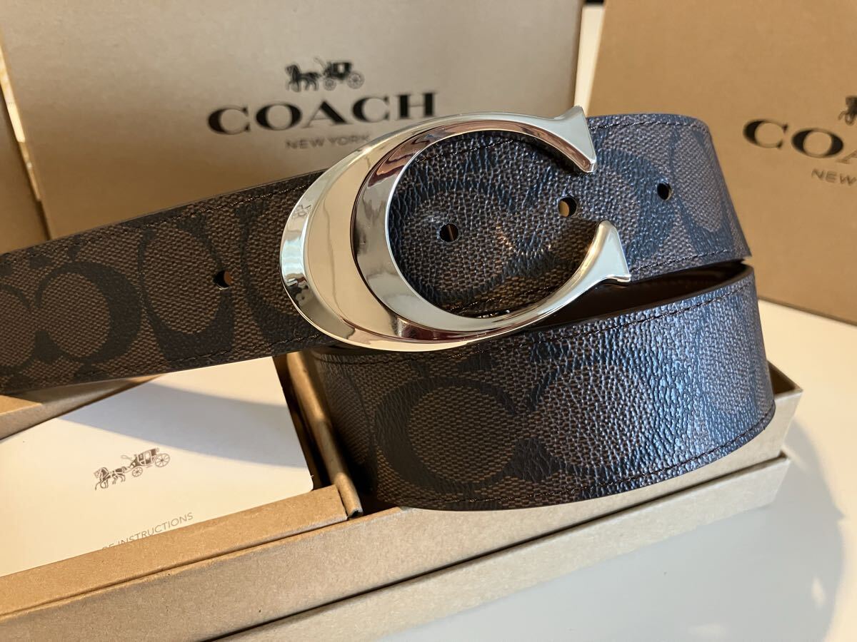 COACH コーチ リバーシブル ビジネス ブラウンシグネチャー ベルト シルバーバックル 紳士 社会人 ビジネス ベルトセット_画像7