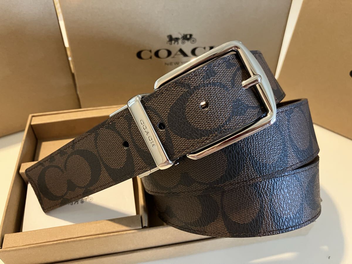 COACH コーチ リバーシブル ビジネス ブラウンシグネチャー ベルト シルバーバックル 紳士 社会人 ビジネス ベルトセット_画像8