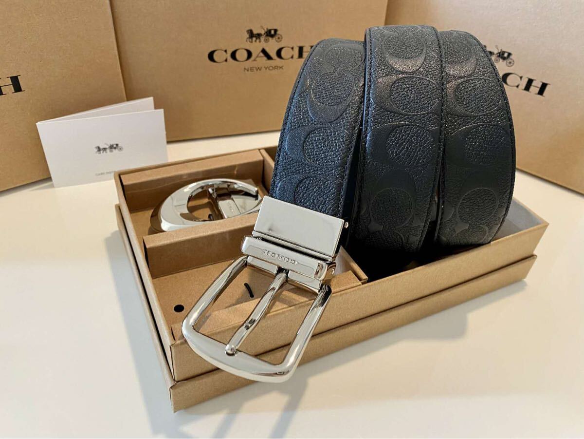 コーチ COACH リバーシブル ブラック シグネチャー 通勤通学 シグネチャーベルト シルバーバックル 紳士ベルト_画像3