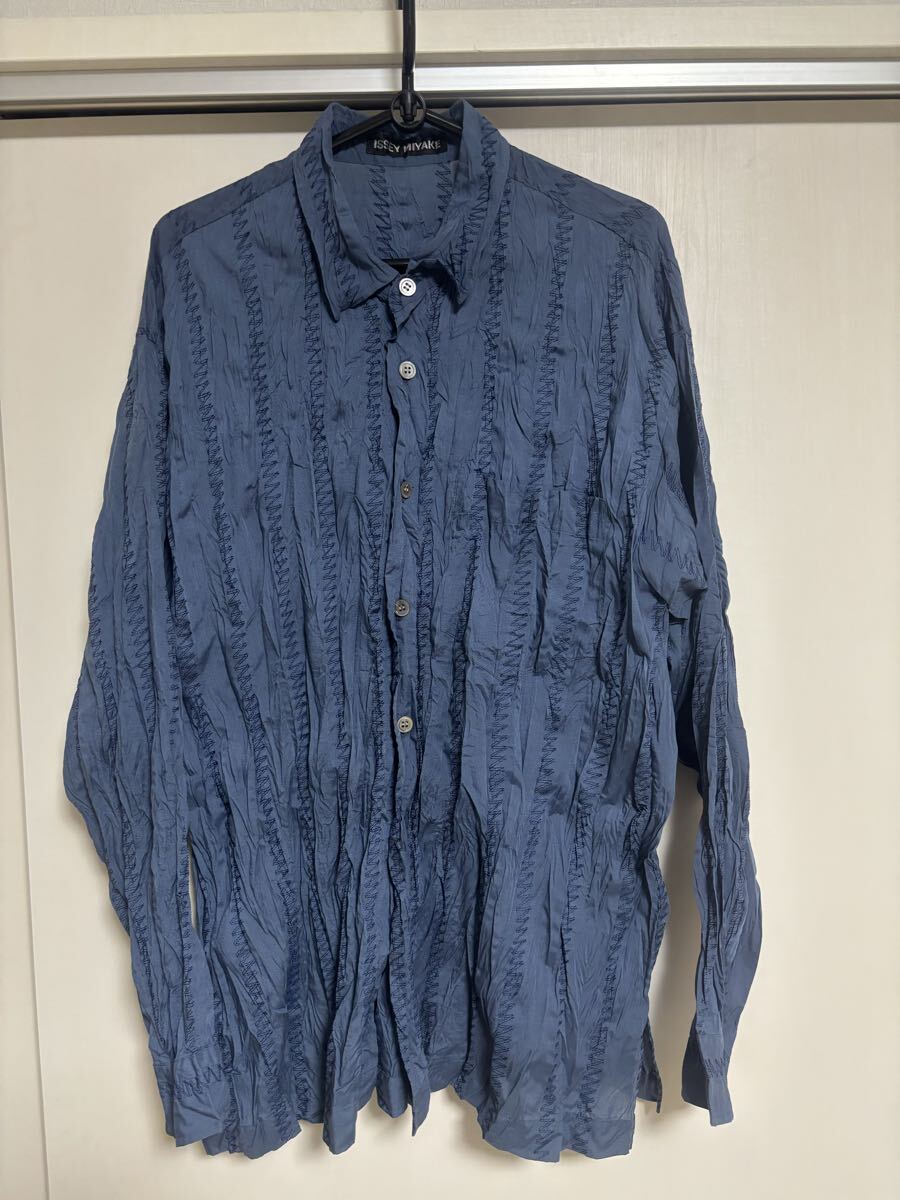 イッセイミヤケ ISSEYMIYAKE 長袖シャツ 青系 プリーツ シワ加工 _画像1